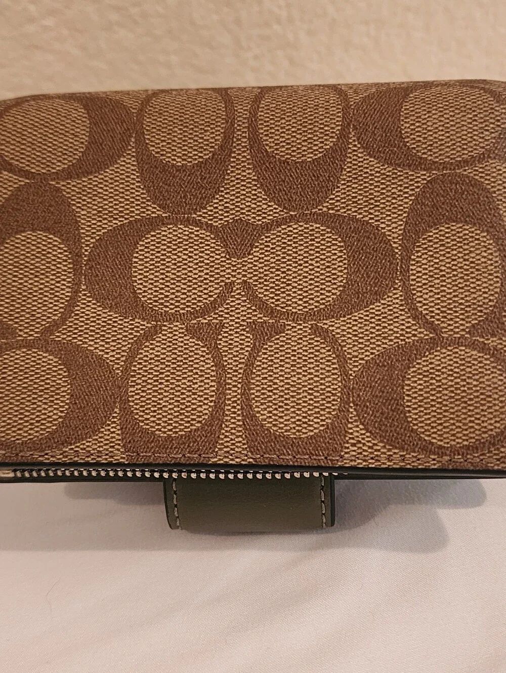 Coach Medium Corner Zip Wallet in Signature Canvas with Sage Leather Trim